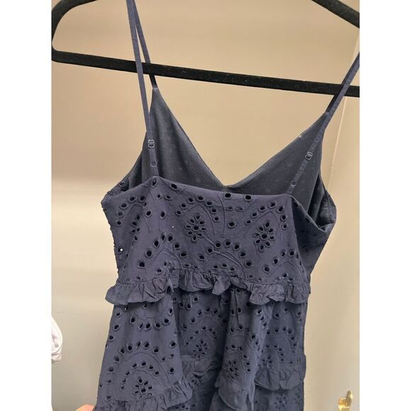 Express tiered ruffle trim eyelet V-neck Sundress mini dress strapless XS Navy - Picture 3 of 4